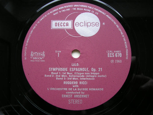 LALO: SYMPHONIE ESPAGNOLE / RAVEL: TZIGANE    RICCI / SUISSE ROMANDE / ANSERMET    ECS 670