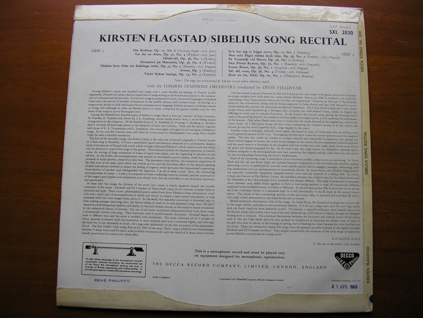 SIBELIUS SONG RECITAL   KIRSTEN FLAGTAD / LONDON SYMPHONY / OIVIN FJELSTAD    SXL 2030