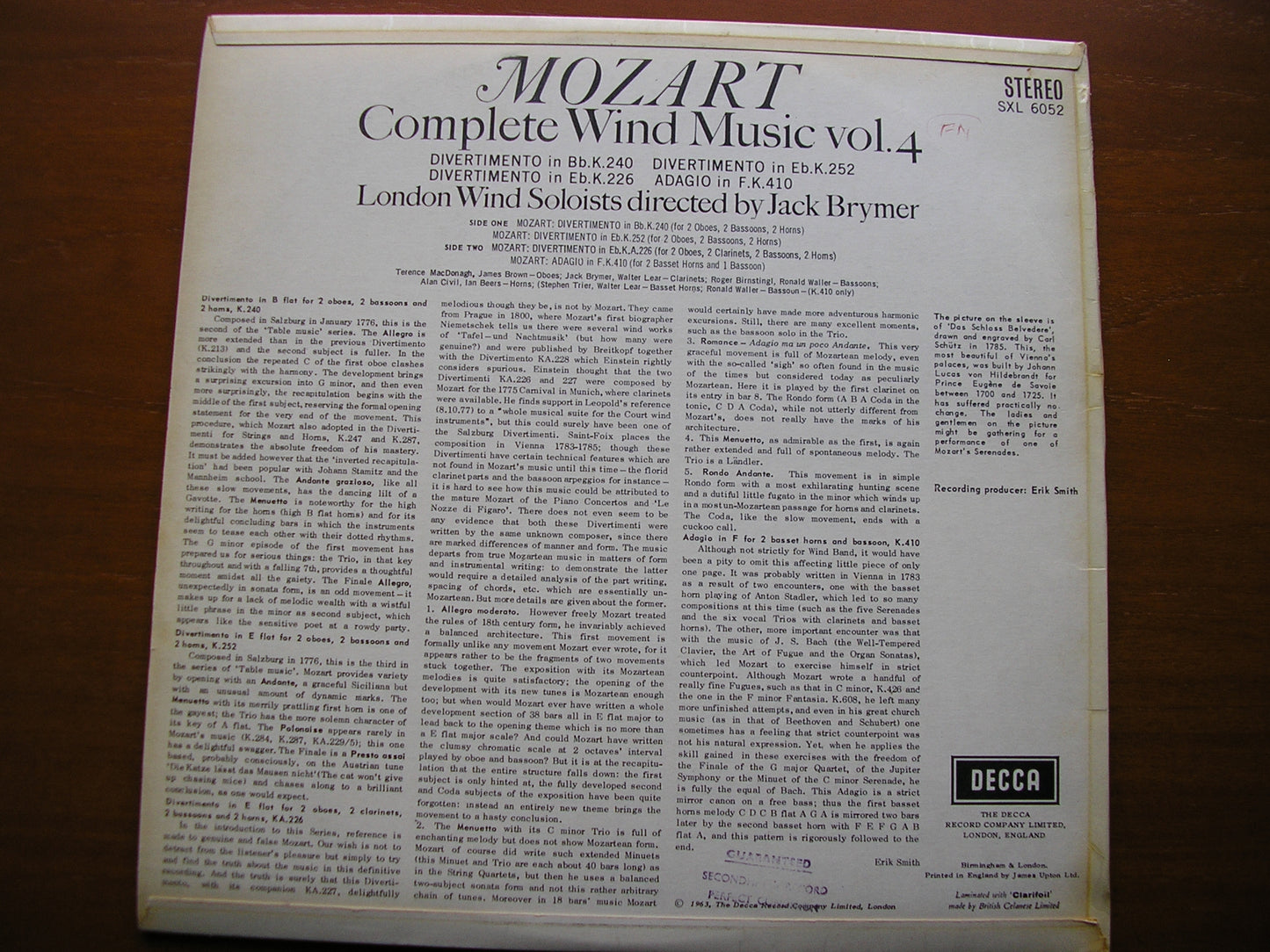 MOZART: COMPLETE WIND MUSIC Volume 4    JACK BRYMER / LONDON WIND SOLOISTS   SXL 6052