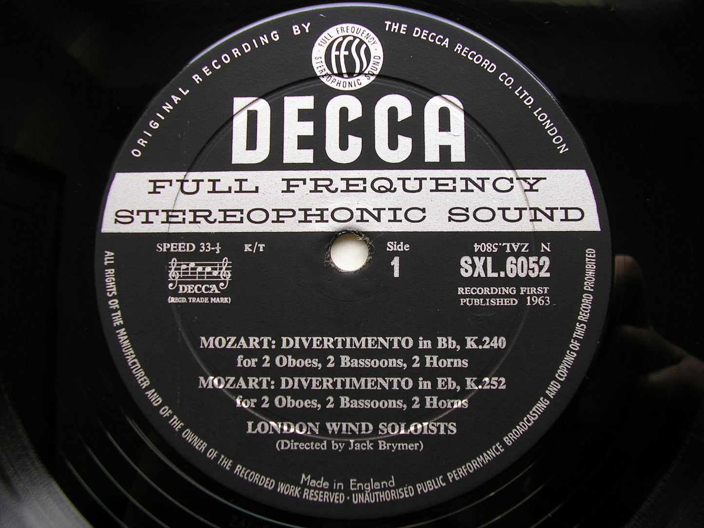 MOZART: COMPLETE WIND MUSIC Volume 4    JACK BRYMER / LONDON WIND SOLOISTS   SXL 6052