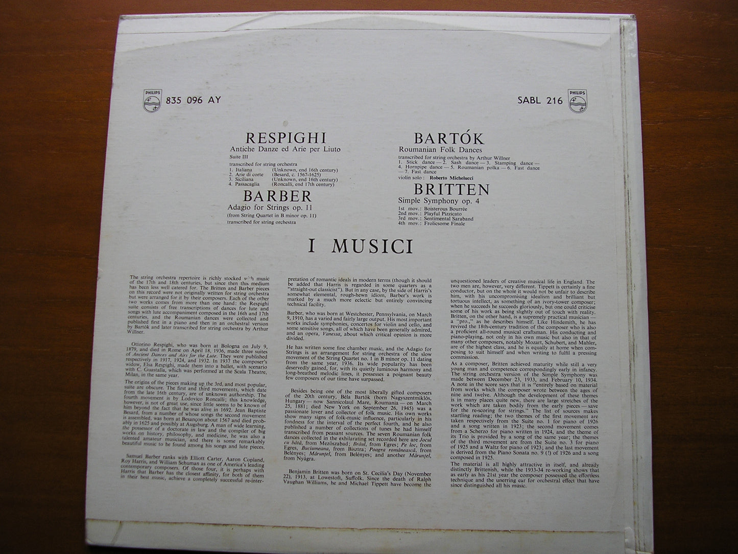 BARBER / RESPIGHI / BRITTEN / BARTOK: MUSIC FOR STRINGS     I MUSICI   SABL 216