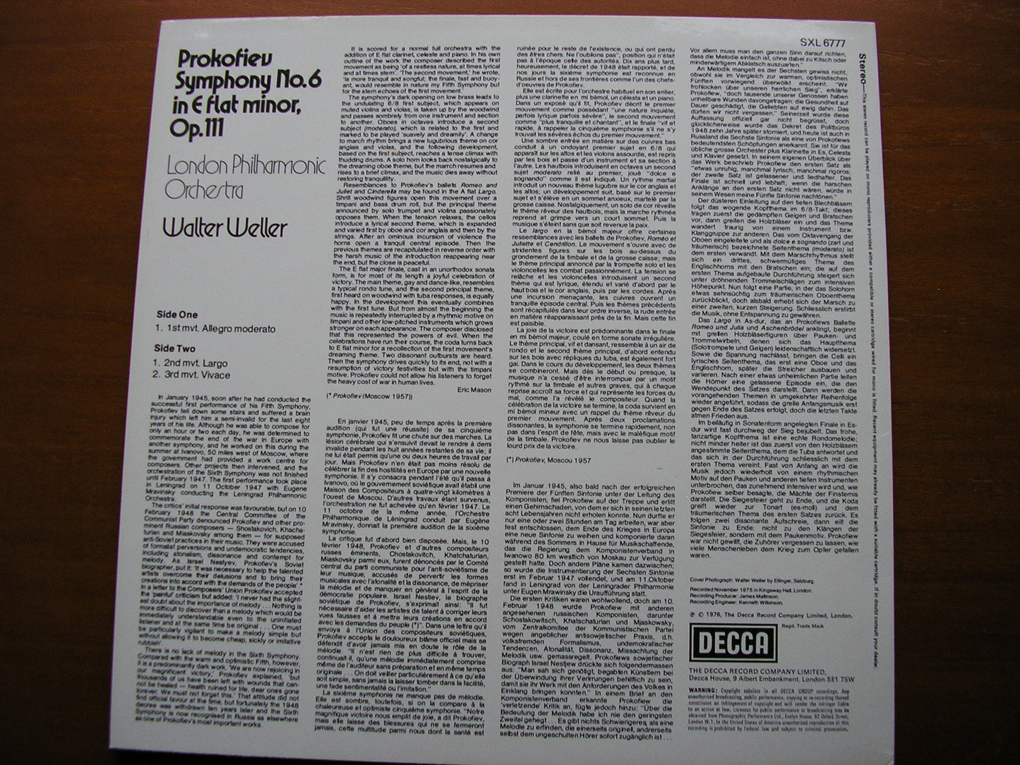 PROKOFIEV: SYMPHONY No. 6    WELLER / LONDON PHILHARMONIC    SXL 6777