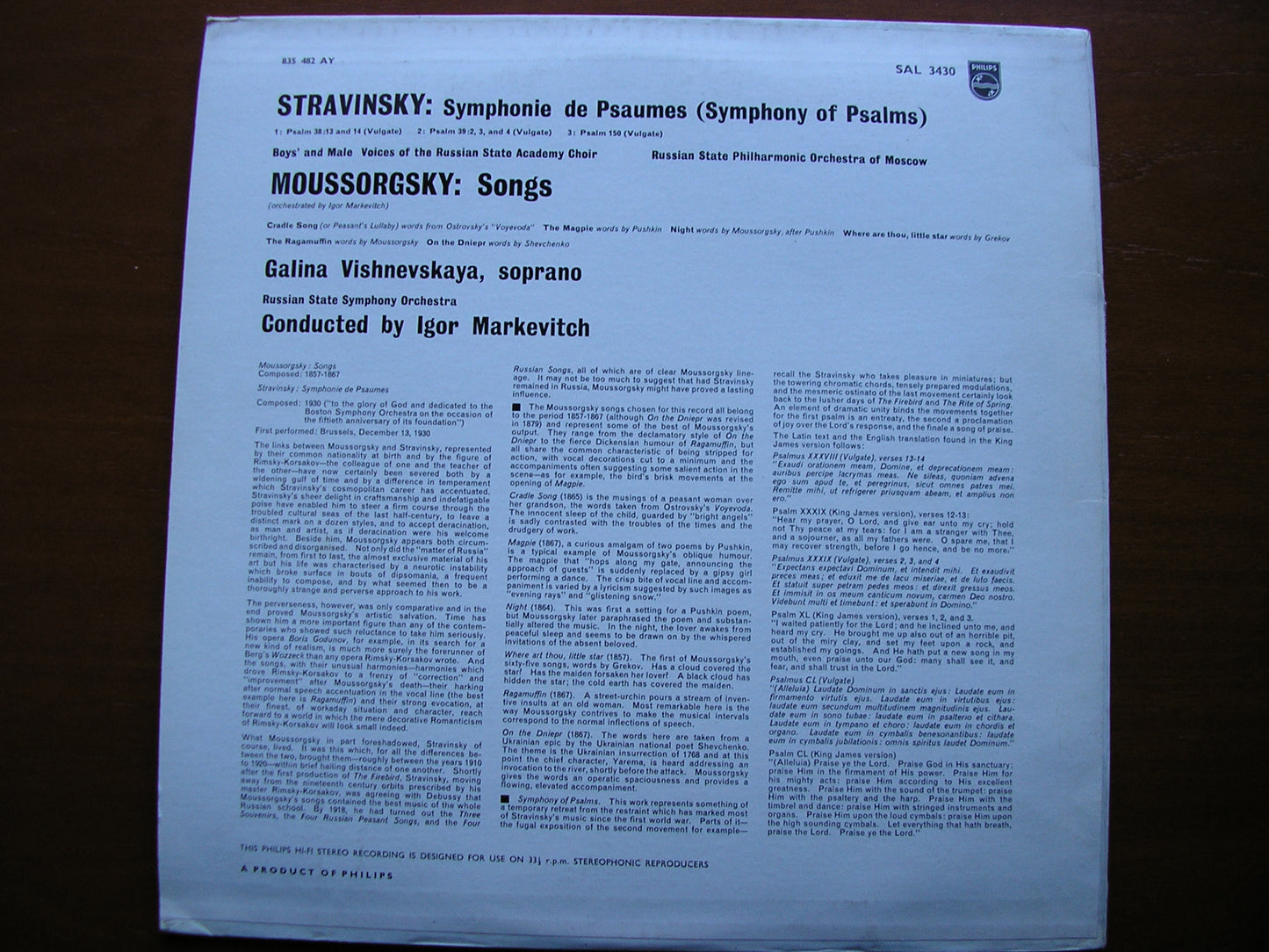 STRAVINSKY: SYMPHONY OF PSALMS / MUSSORGSKY: SIX SONGS    VISHNEVSKAYA / RUSSIAN STATE SYMPHONY / MARKEVITCH    SAL 3430