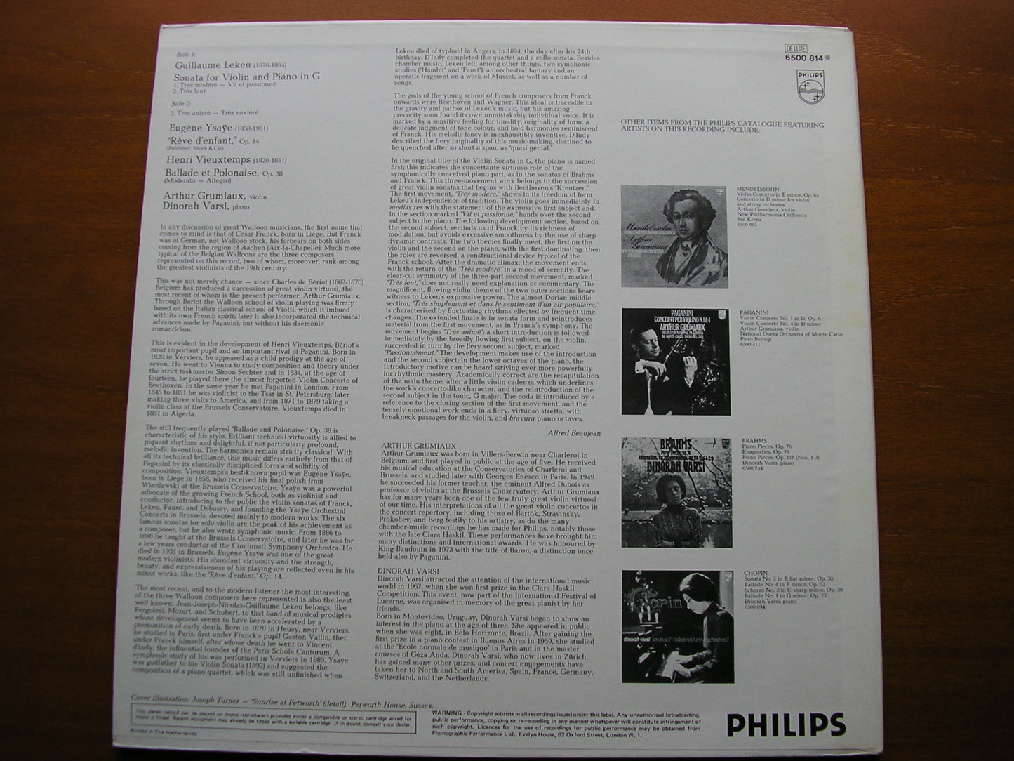 LEKEU: VIOLIN SONATA / VIEUXTEMPS: BALLADE / YSAYE: REVE D'ENFANT    GRUMIAUX / VARSI    6500 814