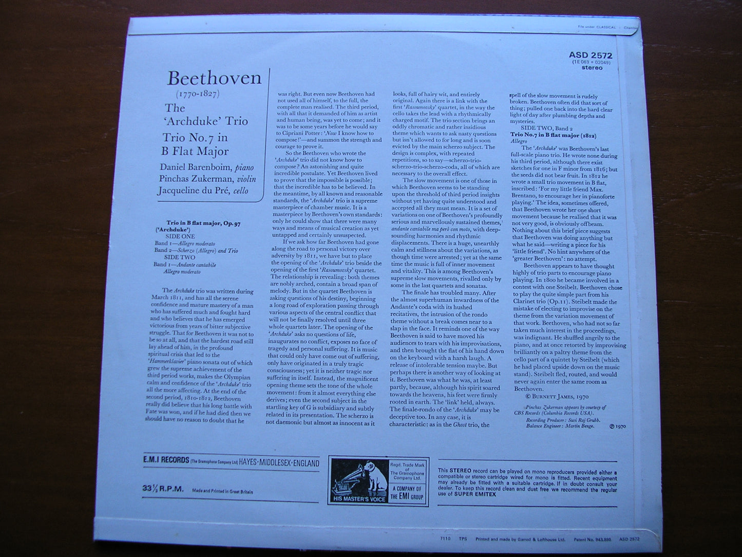 BEETHOVEN: PIANO TRIO No. 7 'Archduke'   BARENBOIM / DU PRE / ZUKERMAN    ASD 2572