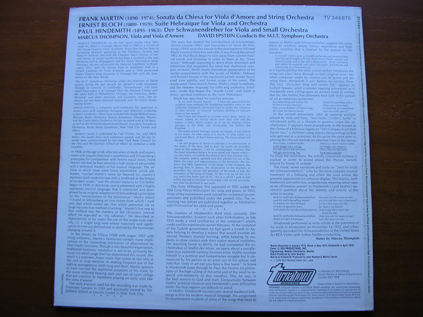 BLOCH: SUITE HEBRAIQUE / HINDEMITH: DER SCHWANENDREHER / MARTIN: SONATA DA CHIESA      THOMPSON / M.I.T SYMPHONY / DAVID EPSTEIN    TV 34687S