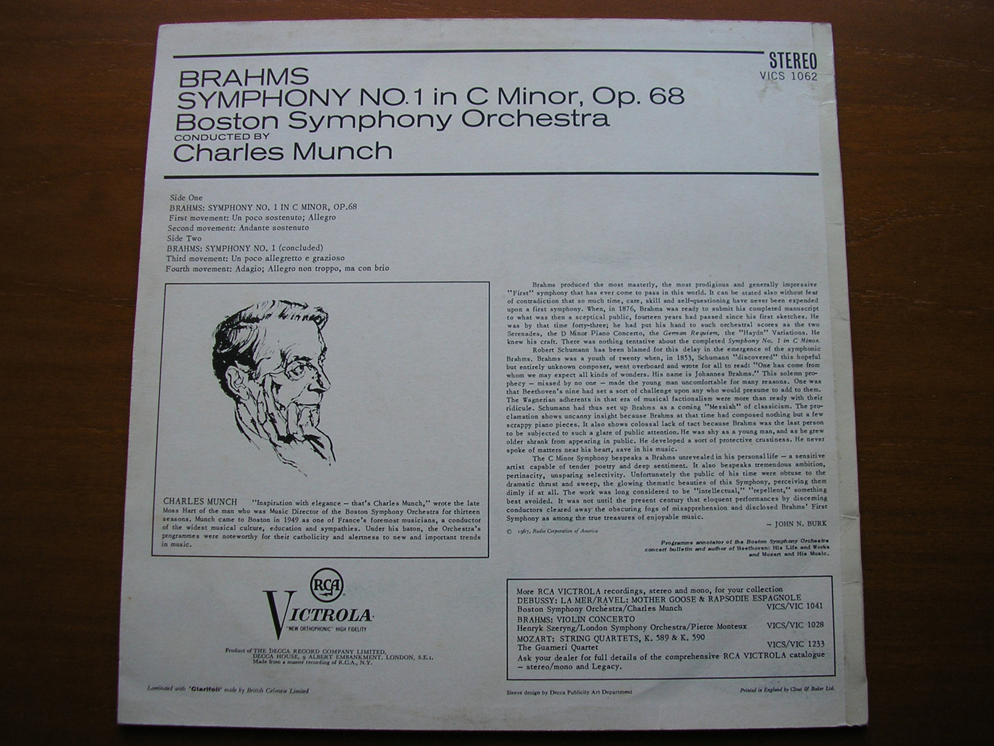BRAHMS: SYMPHONY No. 1     MUNCH / BOSTON SYMPHONY    VICS 1062