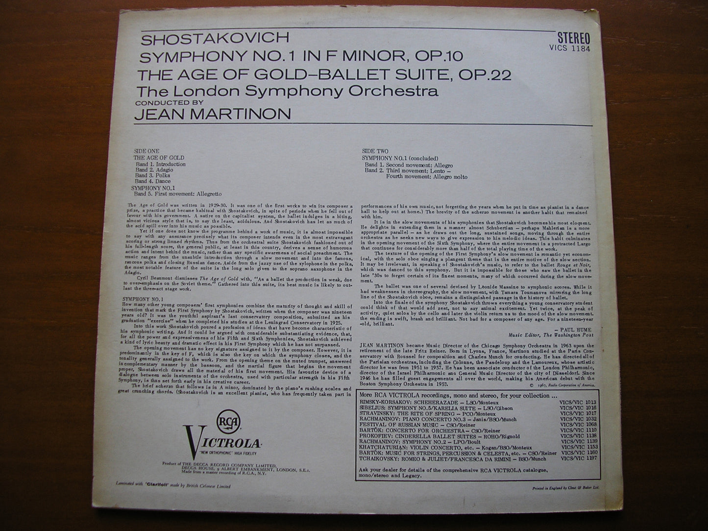 SHOSTAKOVICH: SYMPHONY No. 1 / THE AGE OF GOLD     MARTINON / LONDON SYMPHONY    VICS 1184