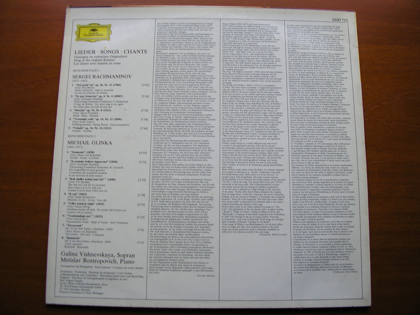 VISHNEVSKAYA SINGS RACHMANINOV & GLINKA SONGS    VISHNEVSKAYA / ROSTROPOVICH   2530 725