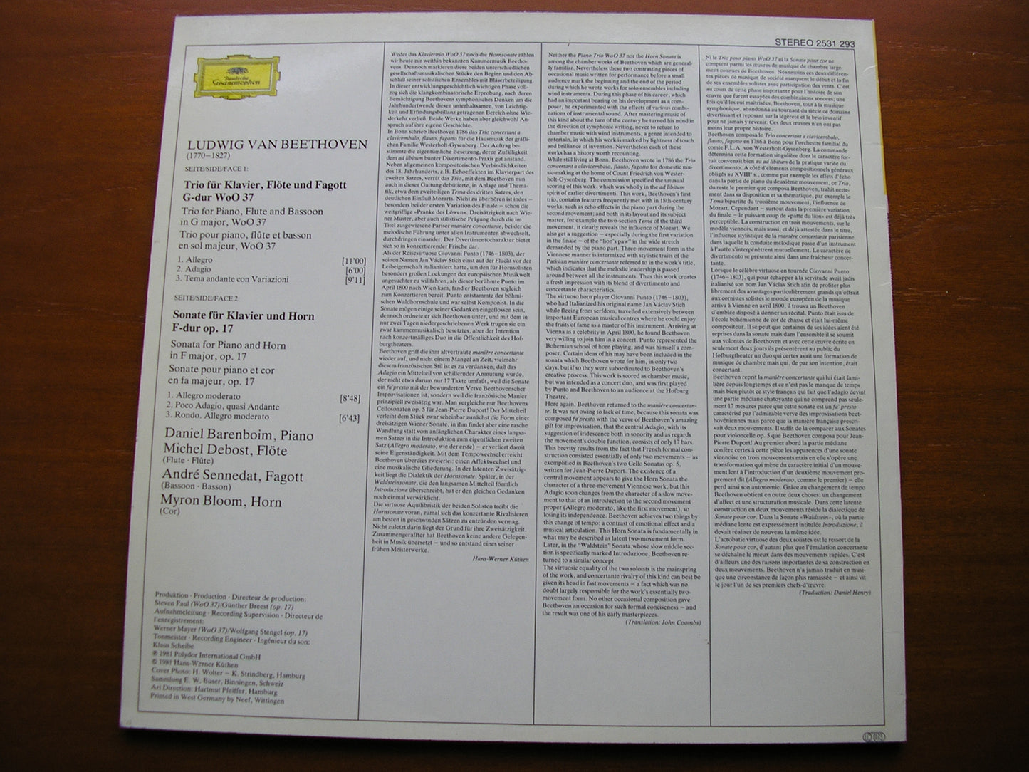 BEETHOVEN: SONATA FOR PIANO & HORN / TRIO FOR PIANO, FLUTE & BASSOON    BARENBOIM / BLOOM / DEBOST / SENNEDAT   2531 293