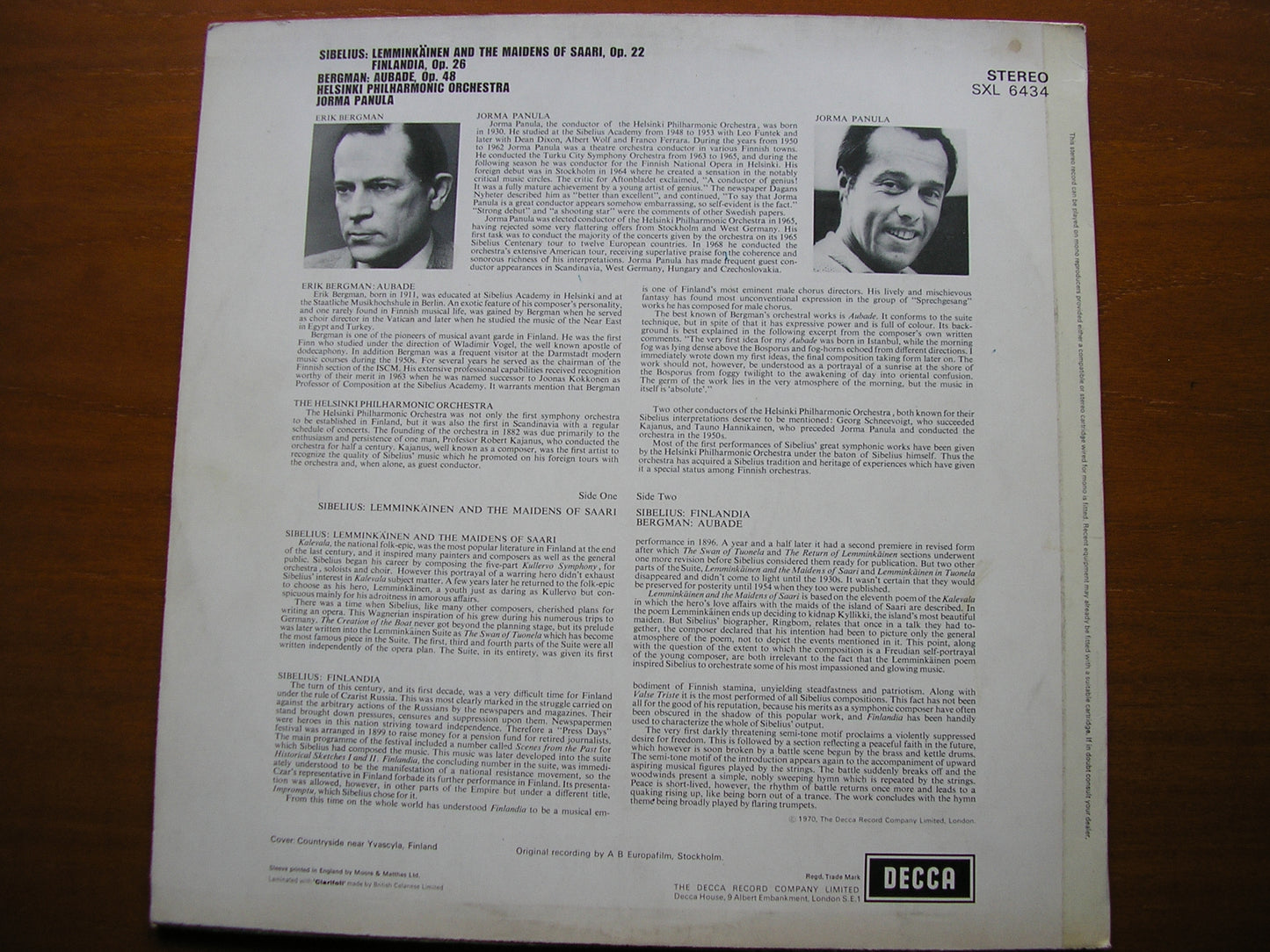 SIBELIUS: ORCHESTRAL WORKS / BERGMAN: AUBADE    PANULA / HELSINKI PHILHARMONIC ORCHESTRA   SXL 6434