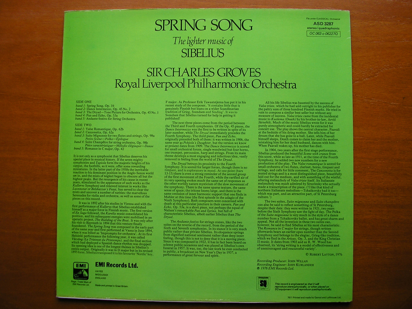 SIBELIUS: SPRING SONG   GROVES / ROYAL LIVERPOOL PHILHARMONIC   ASD 3287