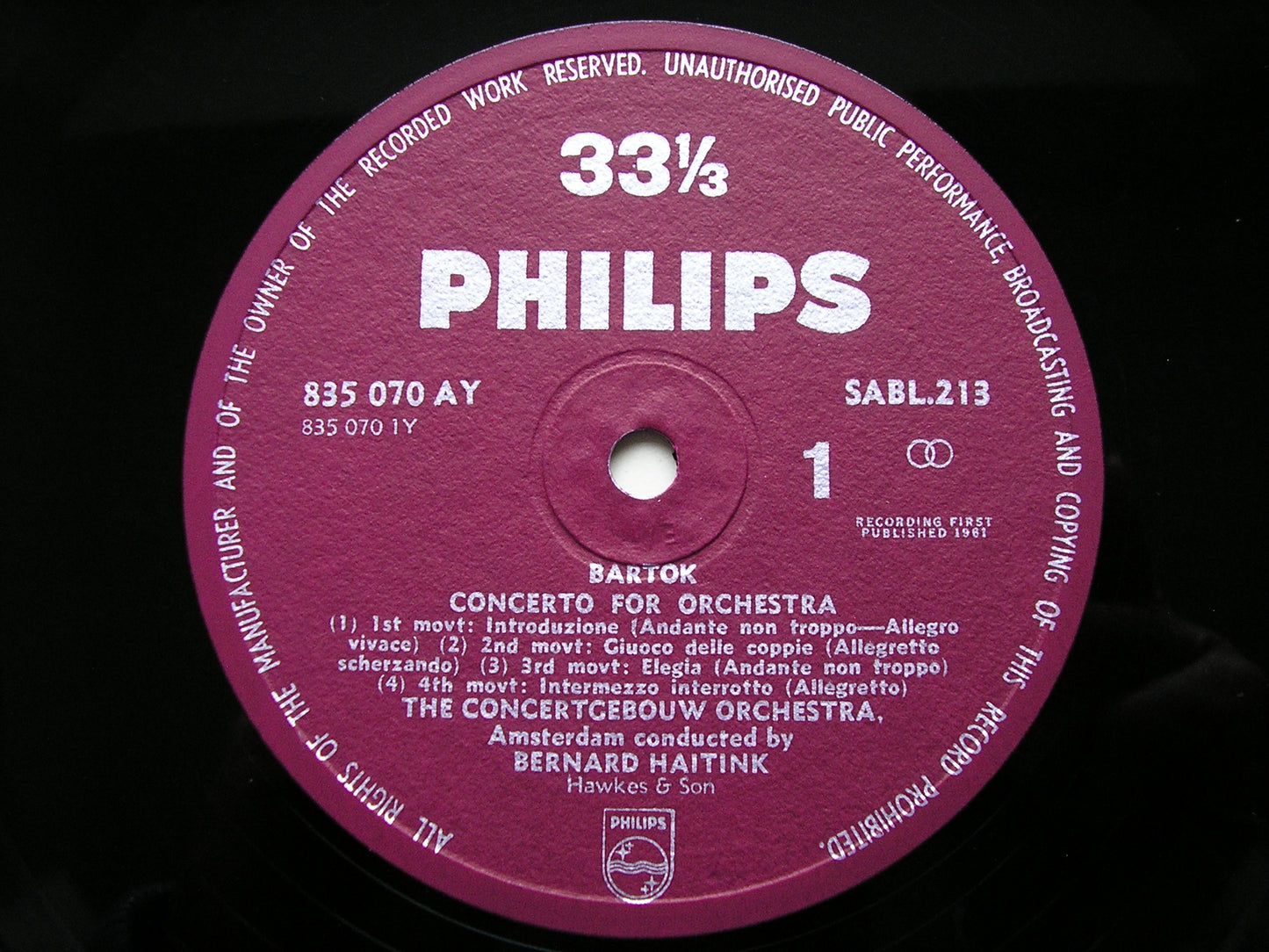 BARTOK: CONCERTO FOR ORCHESTRA / DANCE SUITE BERNARD HAITINK / COA SABL 213