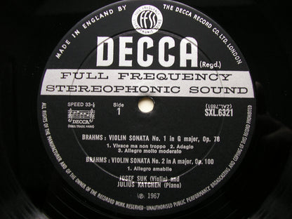 BRAHMS: VIOLIN SONATAS  Opp. 78 / 100 / 108    JOSEF SUK / JULIUS KATCHEN    SXL 6321