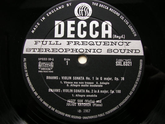 BRAHMS: VIOLIN SONATAS  Opp. 78 / 100 / 108    JOSEF SUK / JULIUS KATCHEN    SXL 6321