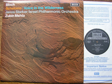 BLOCH: SCHELOMO / VOICE IN THE WILDERNESS JANOS STARKER / ISRAEL PHILHARMONIC / MEHTA  SXL 6440