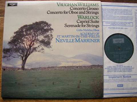 VAUGHAN WILLIAMS: CONCERTO GROSSO / OBOE CONCERTO / WARLOCK: CAPRIOL SUITE   MARRINER / ASMIF   ZRG 881